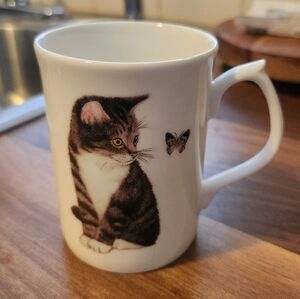 Vintage Bone China Cat Mug with Butterfly Design-England